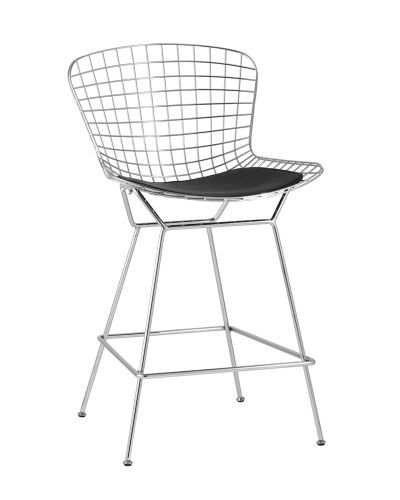 Стул полубарный с низкой спинкой Bertoia хромированный с черной подушкой. Фото №1